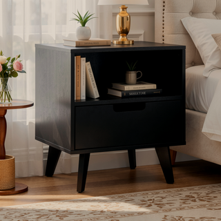 Sunvega Modern 1-Drawer Nightstand with Open Cubby and Sleek Cutout Handles
