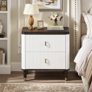Sunvega Modern White and Brown Nightstand with 2 Slatted Drawers and USB Port