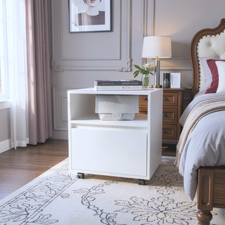 Sunvega Duncan Nightstand with Top Open Shelf and Large Drawer on Casters
