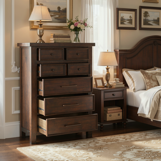 Sunvega Brown Mango Veneer Nightstand with 3 Dovetail Drawers and Dark Bronze Pulls