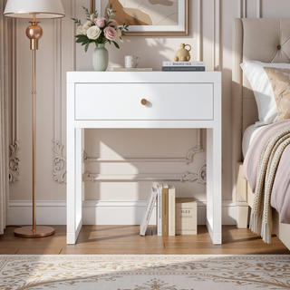 Sunvega Modern White Nightstand with Drawer and Wood Knob for Small Spaces