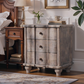 Sunvega Solid Wood Acid Wash Finish Grey 3-Drawer Curved Nightstand with Antique Brass Knobs