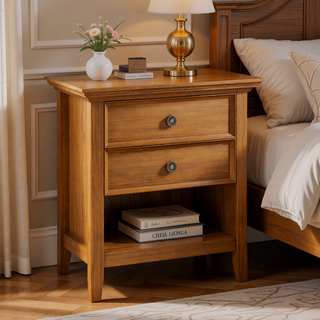 Sunvega Light Golden Brown Solid Wood Bedside Table with Two Spacious Drawers