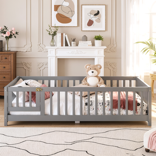 Sunvega Twin Size Floor Bed with Safety Guardrails and Door for Kids in Natural