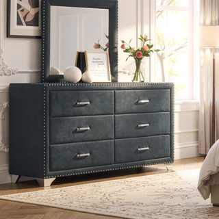 Sunvega Upholstered Dresser with Six Spacious Drawers and Nail Head Trim