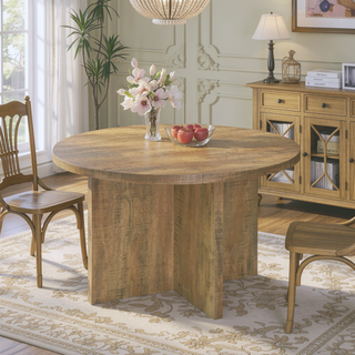 Sunvega Mango Brown Round Dining Table with Sculpted Geometric Base and X-Cross Legs
