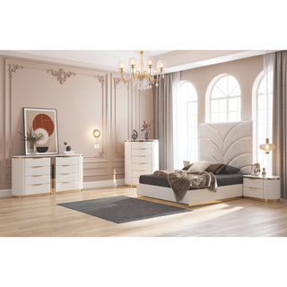Sunvega White and Gold Lacquered 2-Drawer Nightstand with Soft-Closing Drawers