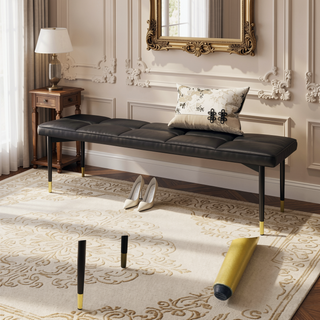 Sunvega 47 Inch Multifunctional Black Shoe Bench with Faux PU Cushion and Gold Accents