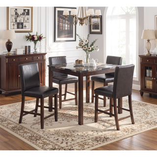 Sunvega Espresso Brown Finish Faux Marble Top Dining Table with 4 Cushioned Chairs