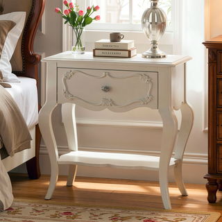 Sunvega Pearl White Nightstand with Scalloped Apron and Drawer Shelf