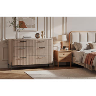 Sunvega Taupe 6 Drawer Dresser with Reeded Fronts and Metal Accent Base