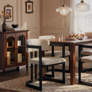 Sunvega Modern Upholstered Dining Chairs with Soft Beige Fabric Seat and Black Metal Frame