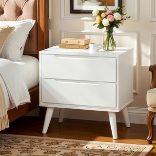 Sunvega Mid-Century Modern Black Solid Wood Nightstand with 2 Drawers and Round Tapered Legs