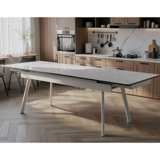 Sunvega Extendable White Sintered Stone Dining Table with Stainless Steel Legs for Modern Minimalist Homes