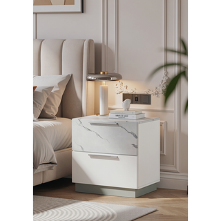 Sunvega Mist Nightstand with Two-Tone High-Gloss Marble Lacquer Finish and Two Spacious Drawers
