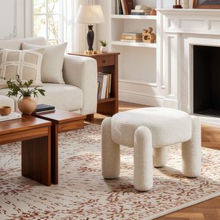 Sunvega Contemporary Fully Upholstered Oval Bench with Boucle Fabric for Living Room
