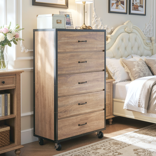 Sunvega Weathered Light Oak 5-Drawer Chest with Side Metal Glides and Industrial Caster Wheels