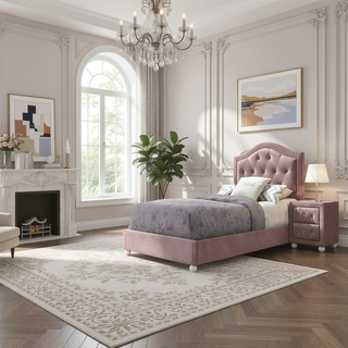 Sunvega Pink Fabric Upholstered Nightstand with Two Storage Drawers and Crystal Knobs