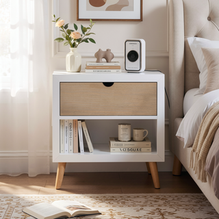 Sunvega White and Natural Finish Pine Wood Nightstand with Drawer and Shelf