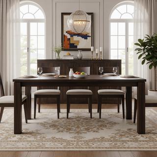Sunvega Dark Brown Finish Wooden Dining Bench with Beige Fabric Upholstered Seat
