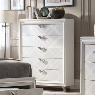 Sunvega White Finish Contemporary Style Chest with Acrylic Legs and Embossed Art Deco Pattern