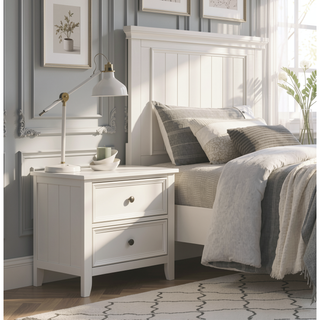 Sunvega White Finish 2 Drawer Bedroom Nightstand Farmhouse Style Bedside Table