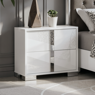Sunvega White Modern Nightstand with Chrome Legs and UV Finish for Master Bedroom
