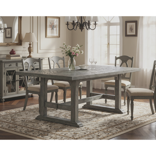Sunvega Gray Dining Table with Diamond Inlay and Double Trestle Base for Six