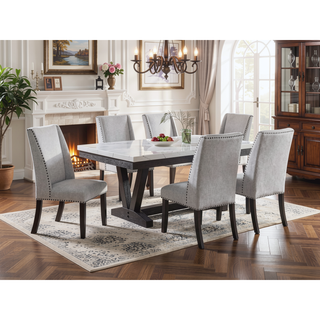 Sunvega Modern Dining Table with White Faux Marble Top and Black Trestle Base