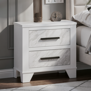 Sunvega White Rubberwood Nightstand with Faux Marble Inset and Black Bar Pulls