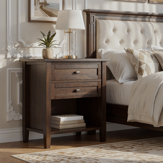 Sunvega Tobacco Brown Solid Pine Wood Nightstand with Two Drawers and Open Shelf