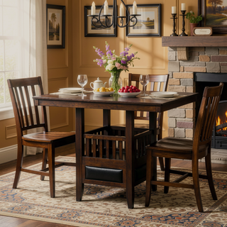 Sunvega Espresso Square Counter Height Table with Storage Pedestal and Stemware Rack