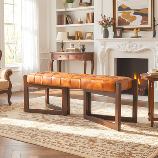 Sunvega Mid-Century Riley Tan Leather Bench with Solid Wood Frame and Tapered Legs