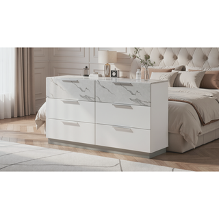 Sunvega White Lacquer Dresser with Six Smooth-Glide Drawers and Marble Accents