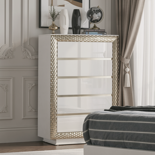Sunvega Glam Gray 5-Drawer Chest with Plinth Base Silver Molding Glass Shelf
