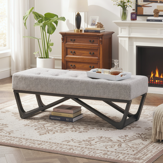 Sunvega Modern Ottoman Bench with Button-Tufted Waffle Stitch and Geometric Legs