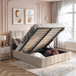 Sunvega Upholstered Platform Bed with Hydraulic Storage System in White Linen