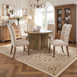 Sunvega Mango Brown Round Dining Table with Sculpted Geometric Base and X-Cross Legs
