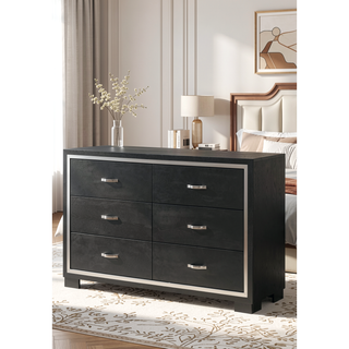 Sunvega Modern Glam Dresser with Six Drawers Sleek Metal Handles Black Bedroom Furniture