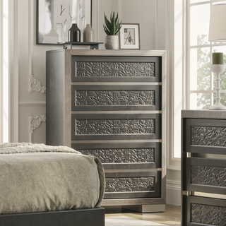 Sunvega Contemporary Dark Gray Chest with Leaf Pattern Molding and Felt Lined Top Drawer