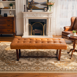 Sunvega Mid-Century Modern Tan Leather Bench with Solid Wood Frame for Living Room