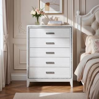 Sunvega White Finish Transitional Glam Nightstand with Spacious 2-Drawer Storage