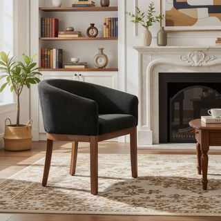 Sunvega Mid Century Modern Upholstered Barrel Dining Chair with Arms and Natural Hardwood Frame