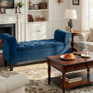 Sunvega Button-Tufted Velvet Ottoman Bench with Rolled Armrests and Storage for Living Room