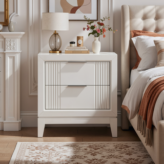 Sunvega Antique White Finish Modern Nightstand with 2 Dovetail Drawers and Reeded Fronts