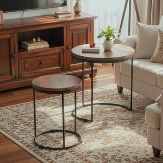 Sunvega Solid Mango Wood Round Stool Set with Iron Base and Oak Finish