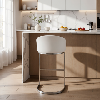 Sunvega Brushed Stainless Steel Bar Stool with White Faux Leather Upholstery