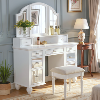 Sunvega White Finish Transitional Vanity Set with Stool and 3-Sided Mirror Storage