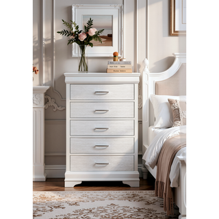 Sunvega Modern White Wood Chest with 5 Drawers and Slat System