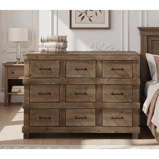 Sunvega Antique Oak and Gunmetal Finish Wooden Nine-Drawer Dresser